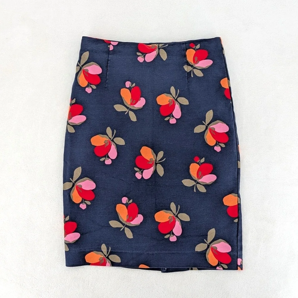 Boden Navy‎ Floral Cotton Blend Pencil Skirt Retro Print Size 6P
